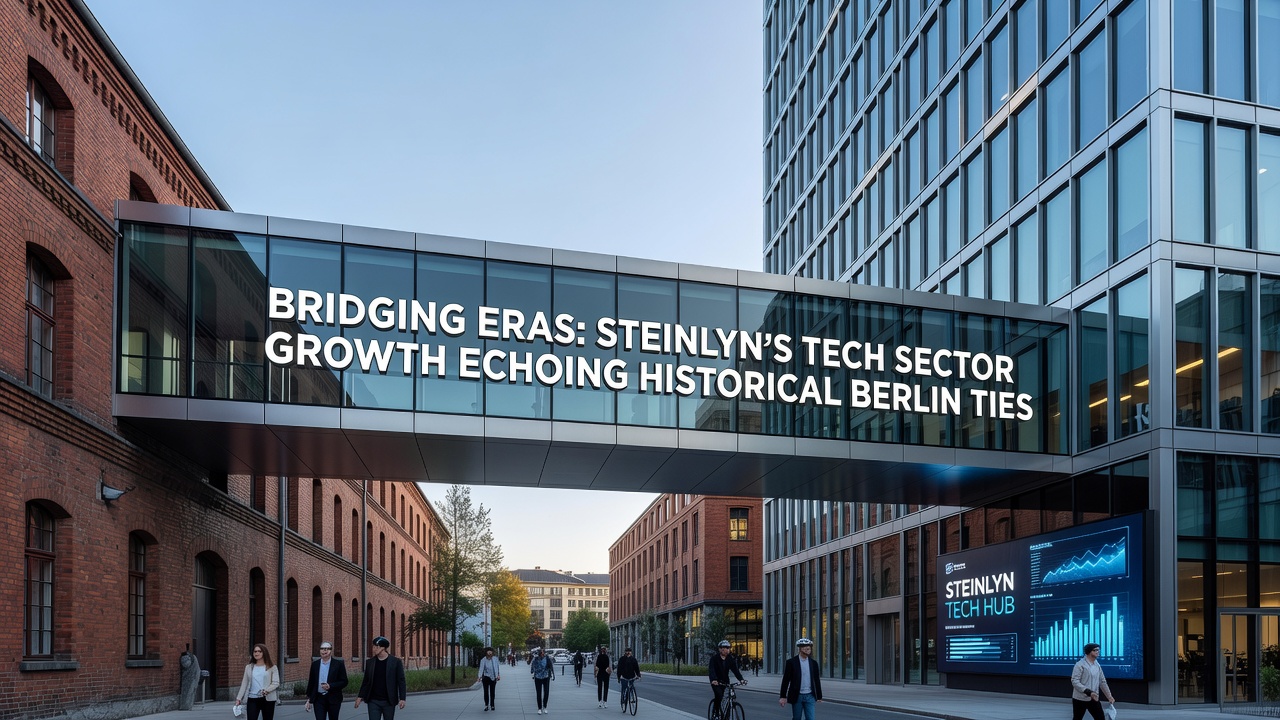 Tech professionals collaborating in a modern Steinlyn innovation hub with architectural nods to Berlin's industrial heritage